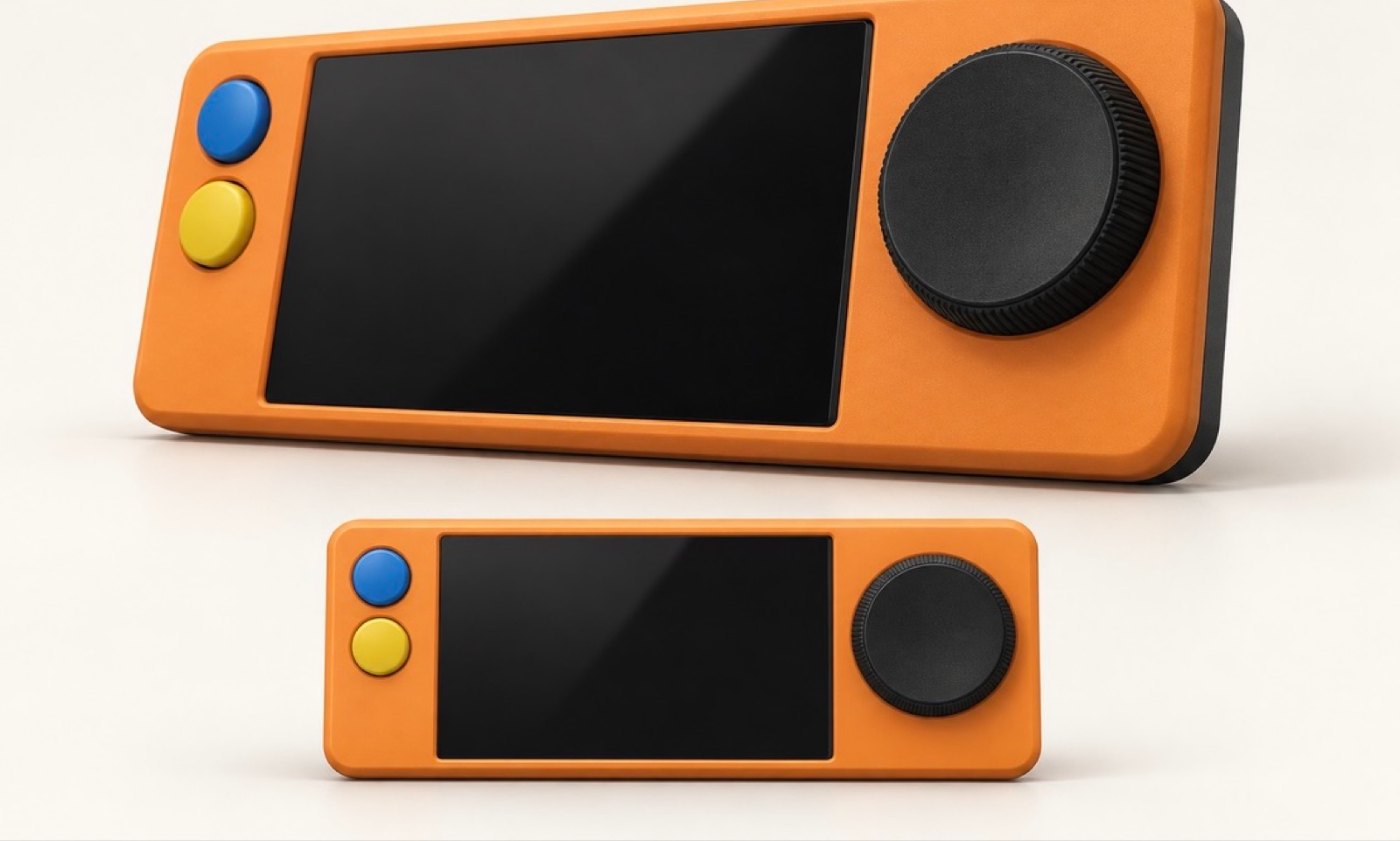 Concept image of two orange handheld consoles, each with a screen, a blue and a yellow button, and a large black knob