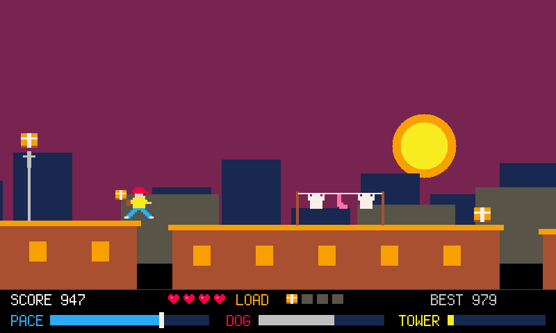 A courier running across rooftops at dusk with washing lines and lamps