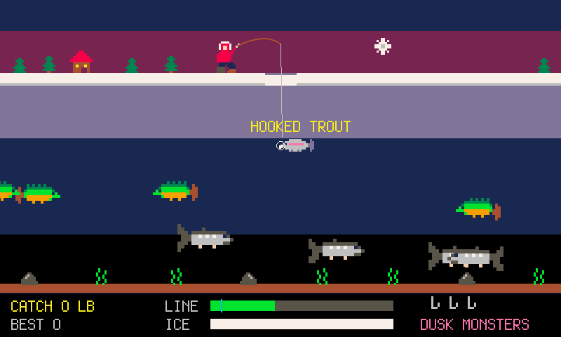 An ice fisher's line dropped deep into a lake at dusk, a hooked trout and sturgeon below