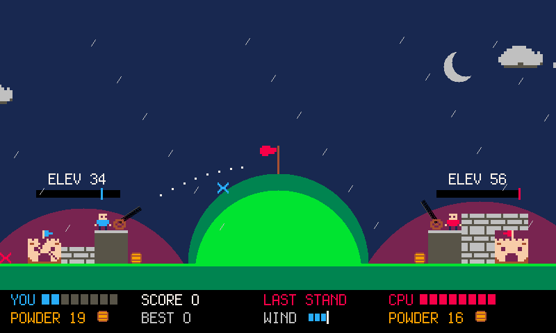 Two stone forts on either side of a green hill at night, a cannonball arcing between them