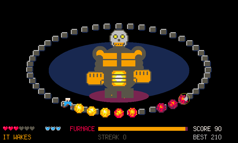 A giant forge golem glowing orange in the middle of a round arena, the smith on the ring around it