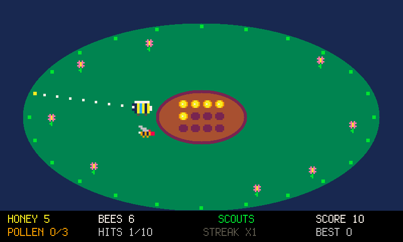 A honeycomb hive in a meadow, the guard bee firing at a wasp coming in