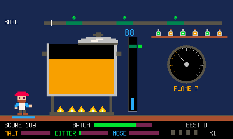 A brew kettle on the burner: the flame gauge, a thermometer, hops waiting on the shelf, and the brewer beside it