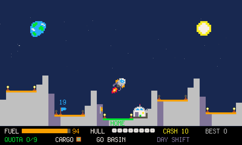 A small cargo lander flying over gray lunar terrain toward a landing pad
