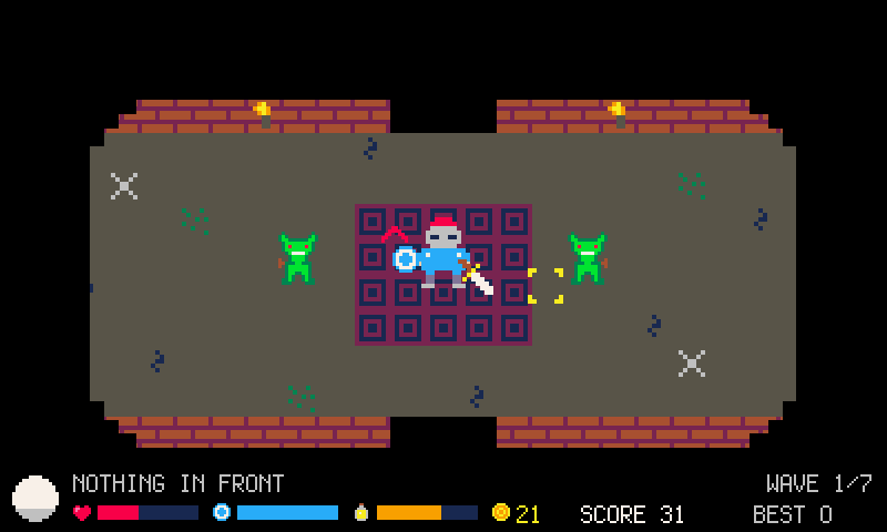 A knight in the middle of a torchlit stone room, goblins coming from both sides