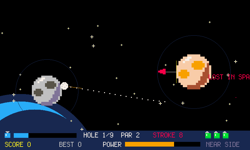 A golf ball's aim line between two small moons in a starfield