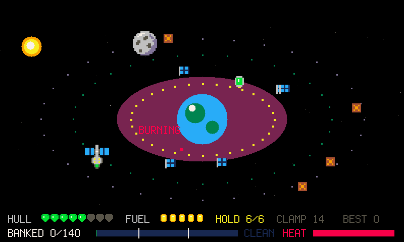 A small tug circling a blue planet, wreckage and a station on nearby orbits