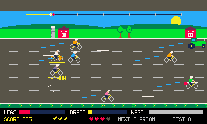 Cyclists on a two-lane Iowa road with a tractor ahead, the legs and draft meters along the bottom