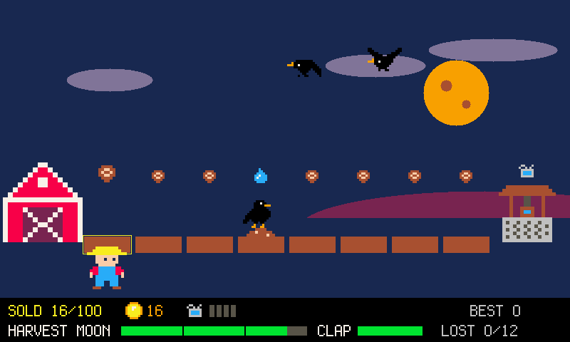 A farmer by a red barn under a harvest moon, crows landing on the crop rows