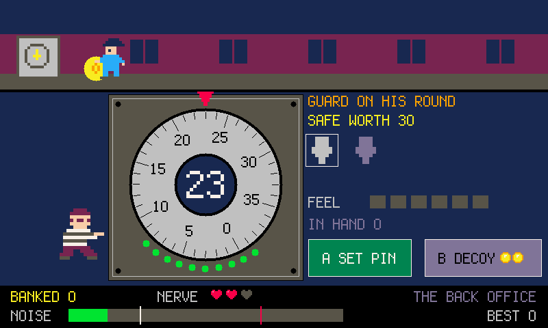 A safe dial showing 23, a thief crouched beside it, and the night guard walking the corridor above