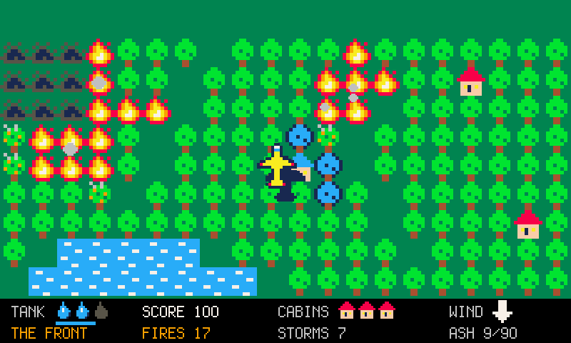 A water bomber over a forest grid, fires spreading from the left, the lake and cabins below