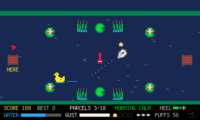 A paper sailboat on a dark pond among lily pads, reeds and a duck, heading for a dock