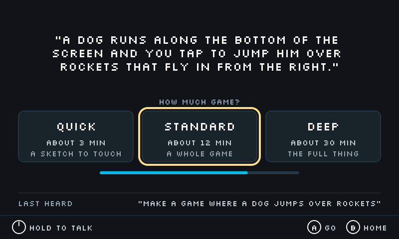 Console screen asking how much game to build, with three choices: quick, about 3 minutes; standard, about 12 minutes; deep, about 30 minutes