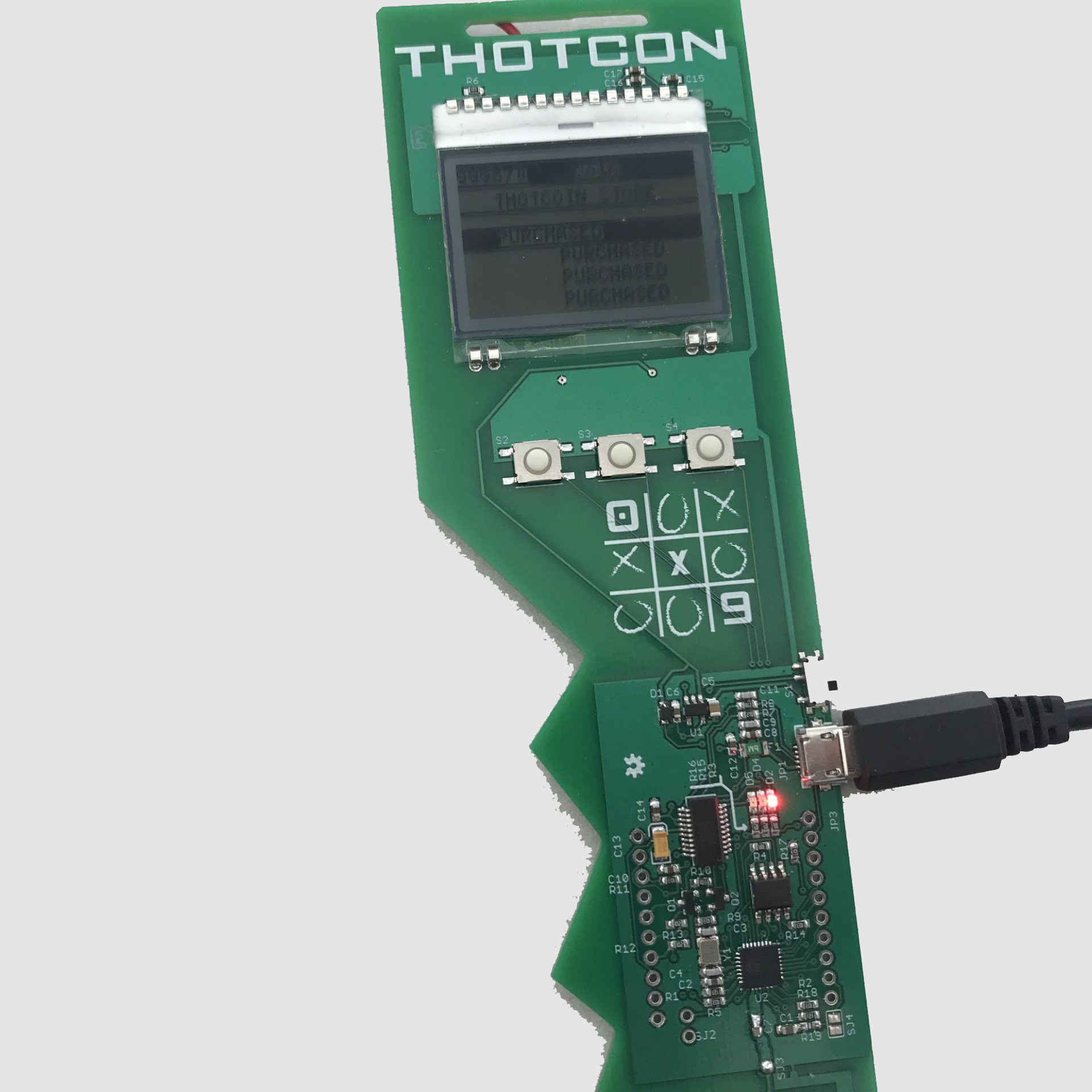 THOTCON 0x9 badge (2018): key-shaped green board with a screen