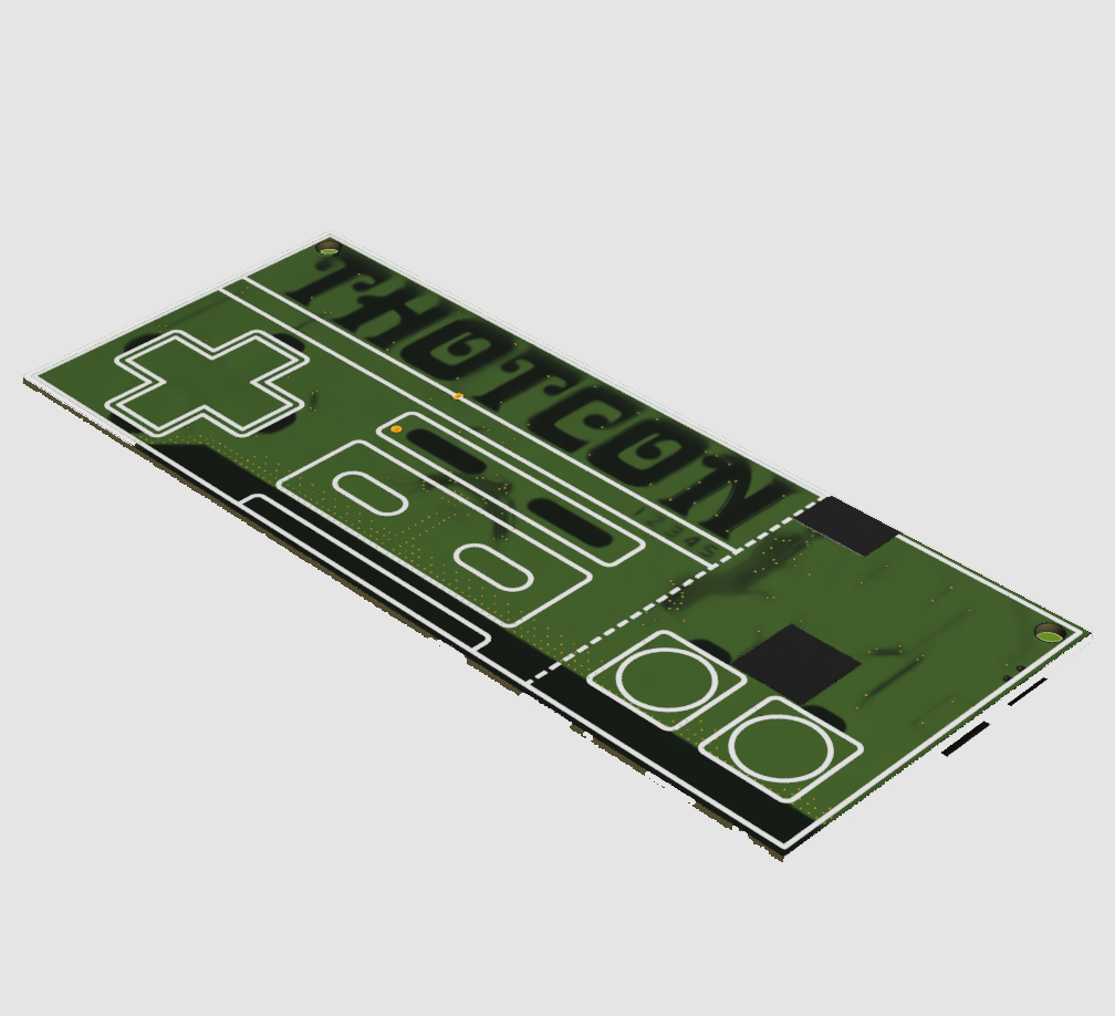 THOTCON 0xB badge (2021): green board shaped like a game controller